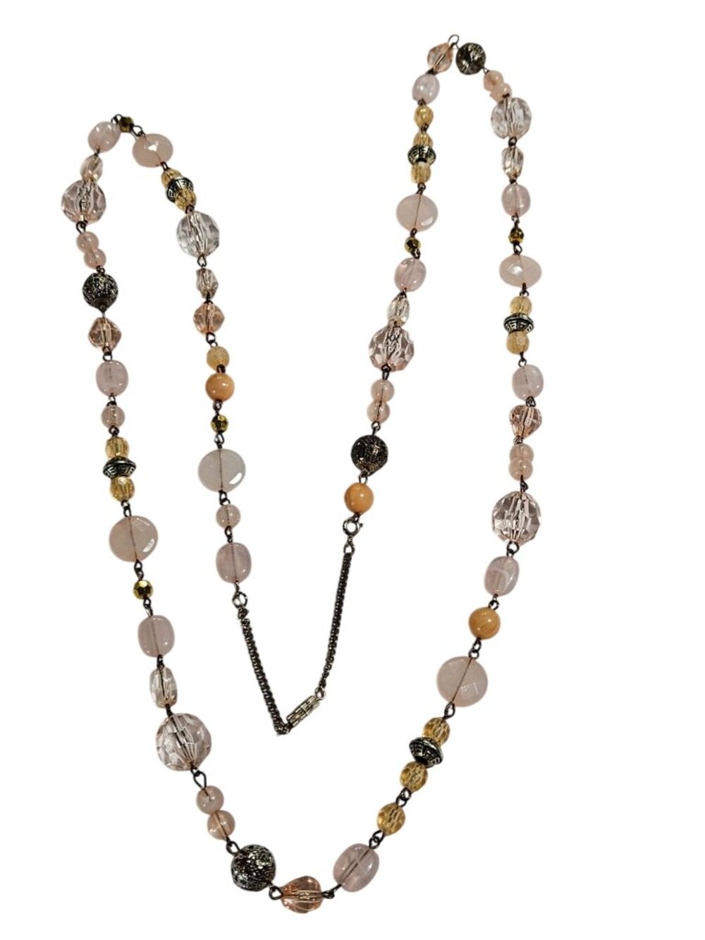 Pink Peach Plastic Beaded Chain Necklace Goldtone Silvertone Barrel Clasp 46 in